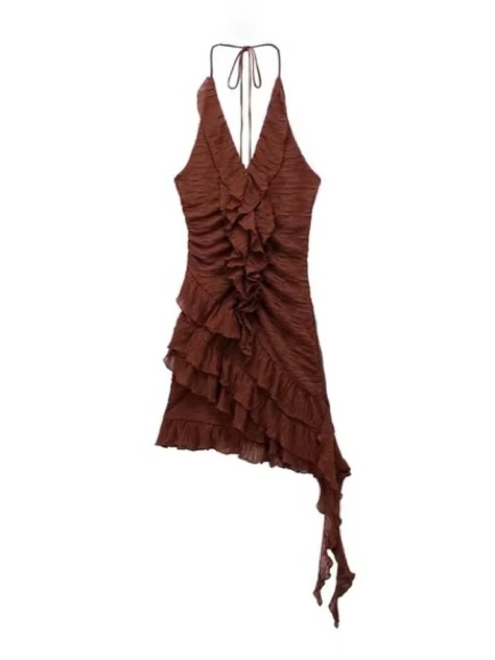 Zara Chocolate Brown Ruffled Halter Mini Dress